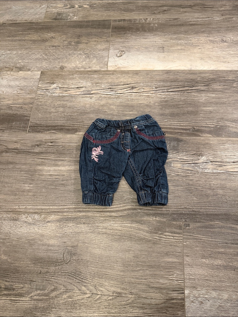 Noppie Dark Blue Denim Kids Jogger Pants with Pink Embroidery